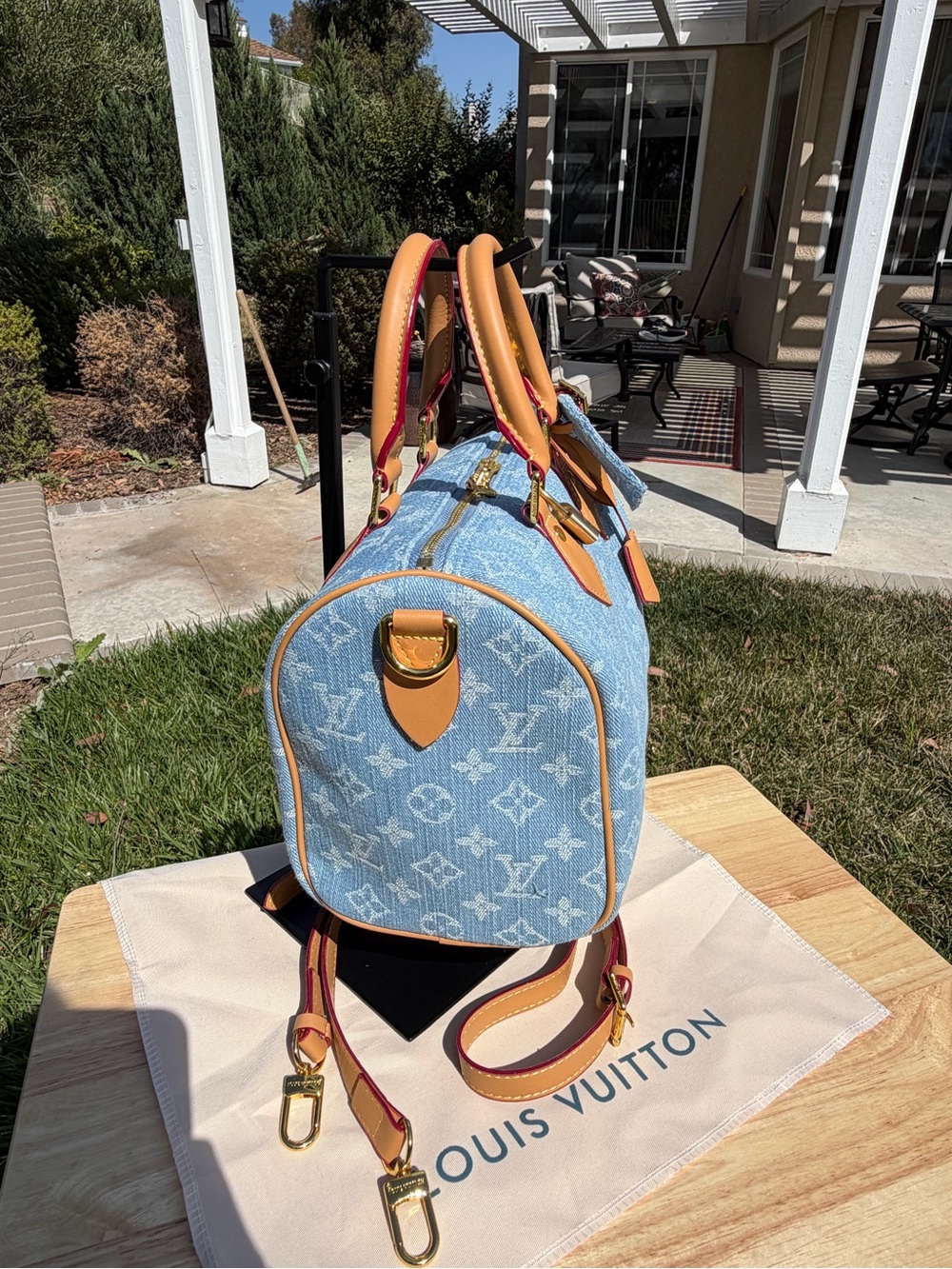 NEW LV Print Speedy Denim Monogram Satchel HandBag Blue Tan & Gold Lock Key - Picture 5 of 16